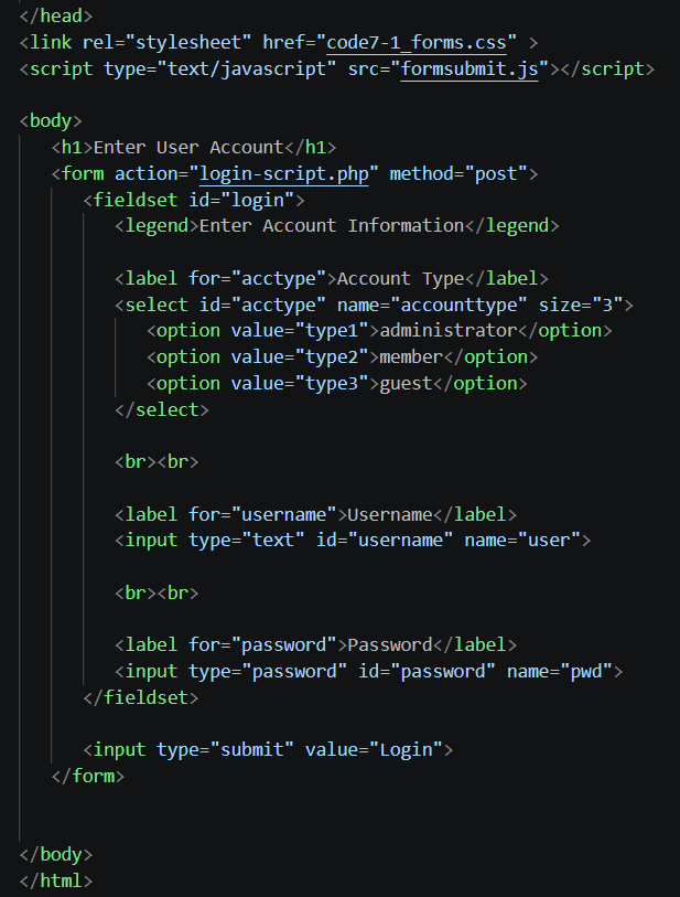 User Account Login Form Code screenshot